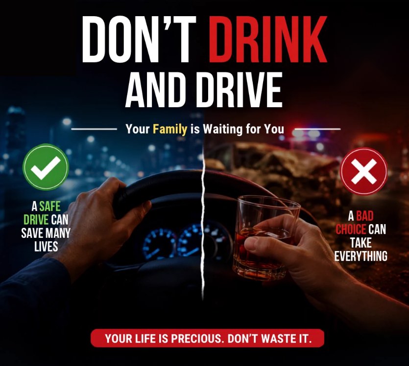 A safe drive holding the steering wheel versus a bad choice holding a drink while driving — your life is precious, don't waste it