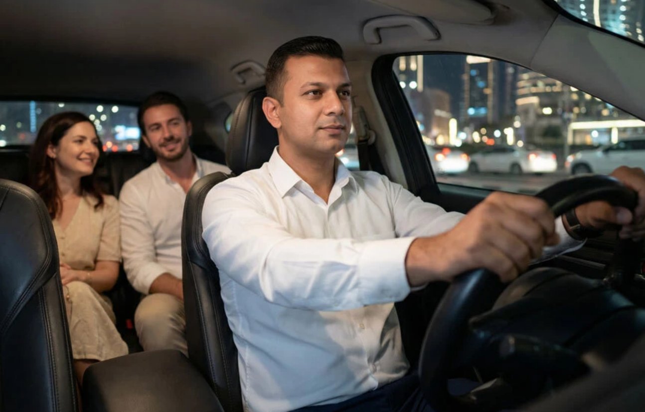 A ROADDD driver behind the wheel with riders in the back seat, driving them home at night