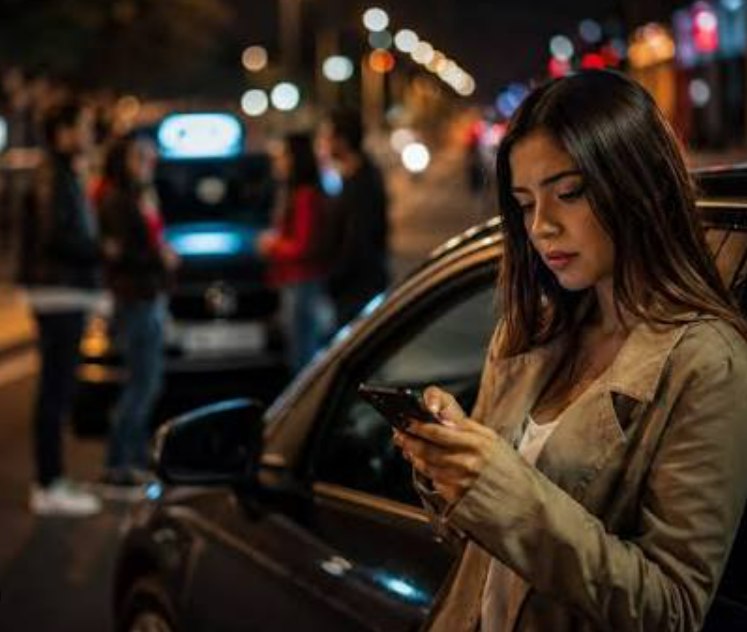 A woman checking her phone for a ride outside her car at night